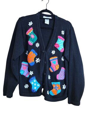 Vintage Victoria Jones Christmas Cardigan Sweater Stockings Women’s L Holiday
